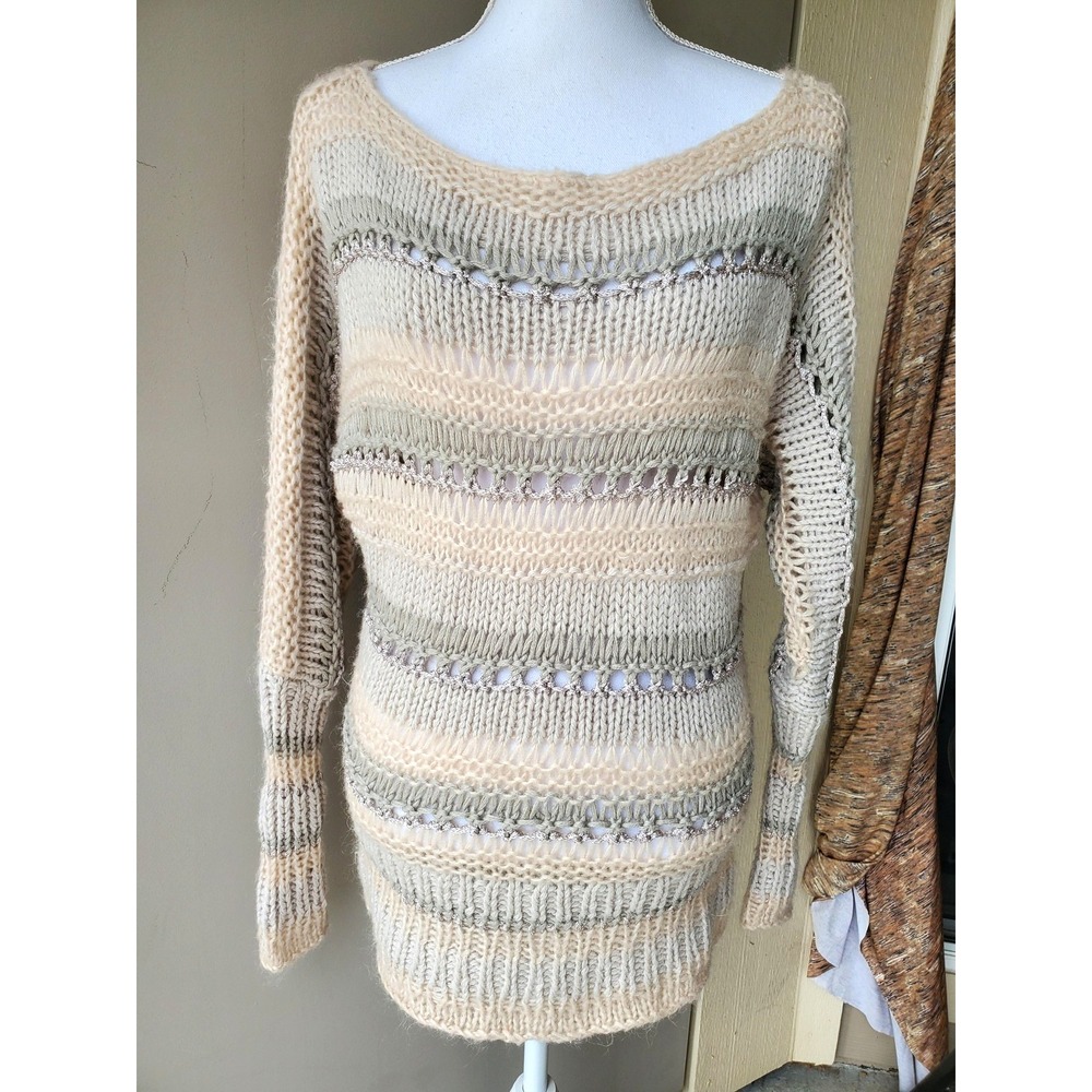 Boston Proper Sweater Womens XS Beige Gray Metallic Open Knit Beachy Boho Chic
